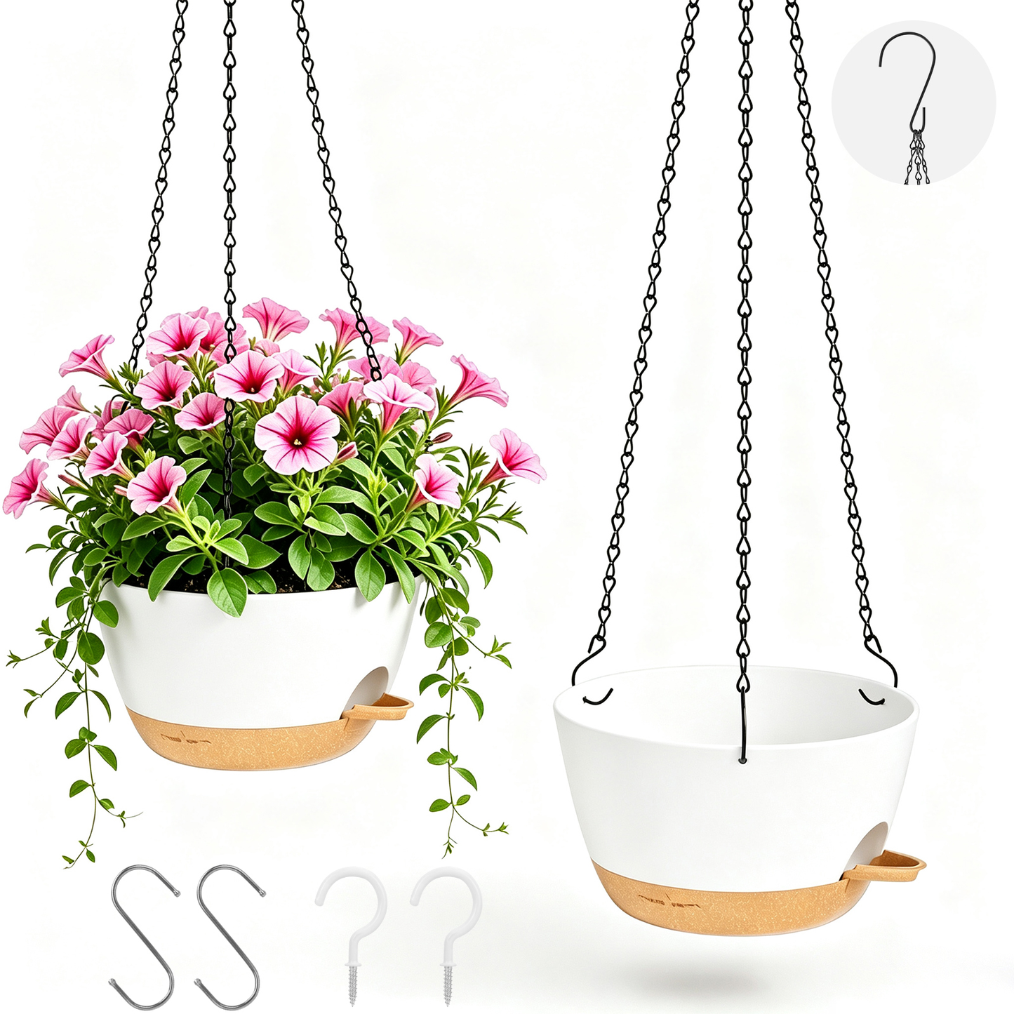 2 Pack 8 Inch Self Watering Hanging Planters, Plastic Hanging Baskets with Drainage Holes, Hanging Chains, S-Hooks and Ceiling Hooks for Indoor Outdoor Plants (White)