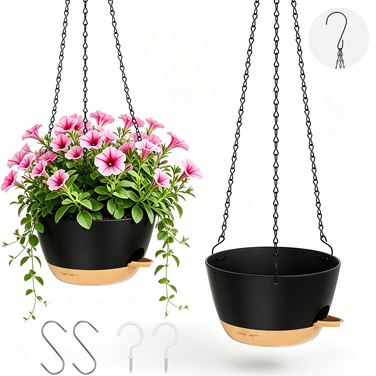 2 Pack 8 Inch Self Watering Hanging Planters, Plastic Hanging Baskets with Drainage Holes, Hanging Chains, S-Hooks and Ceiling Hooks for Indoor Outdoor Plants (Black)