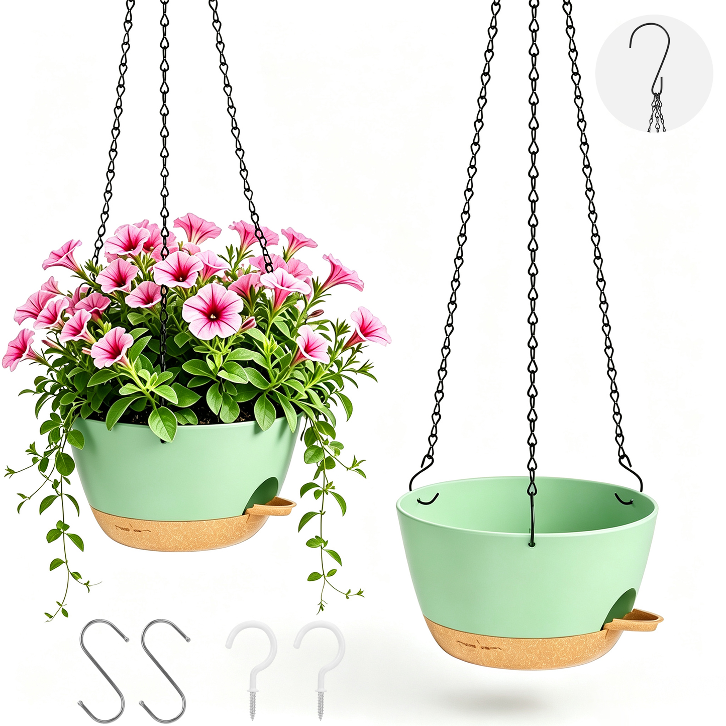 2 Pack 8 Inch Self Watering Hanging Planters, Plastic Hanging Baskets with Drainage Holes, Hanging Chains, S-Hooks and Ceiling Hooks for Indoor Outdoor Plants (Green)