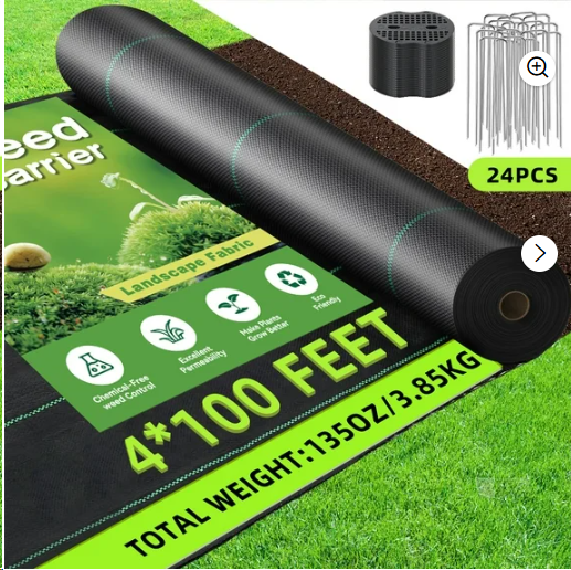4ftx100ft Weed Barrier Landscape Fabric, Heavy Duty Gardening Ground Cover Mat, Weed Block Garden Cloth, Woven Garden Weed Fabric for Gardening, Farming with 24 U-Shaped Securing Pegs