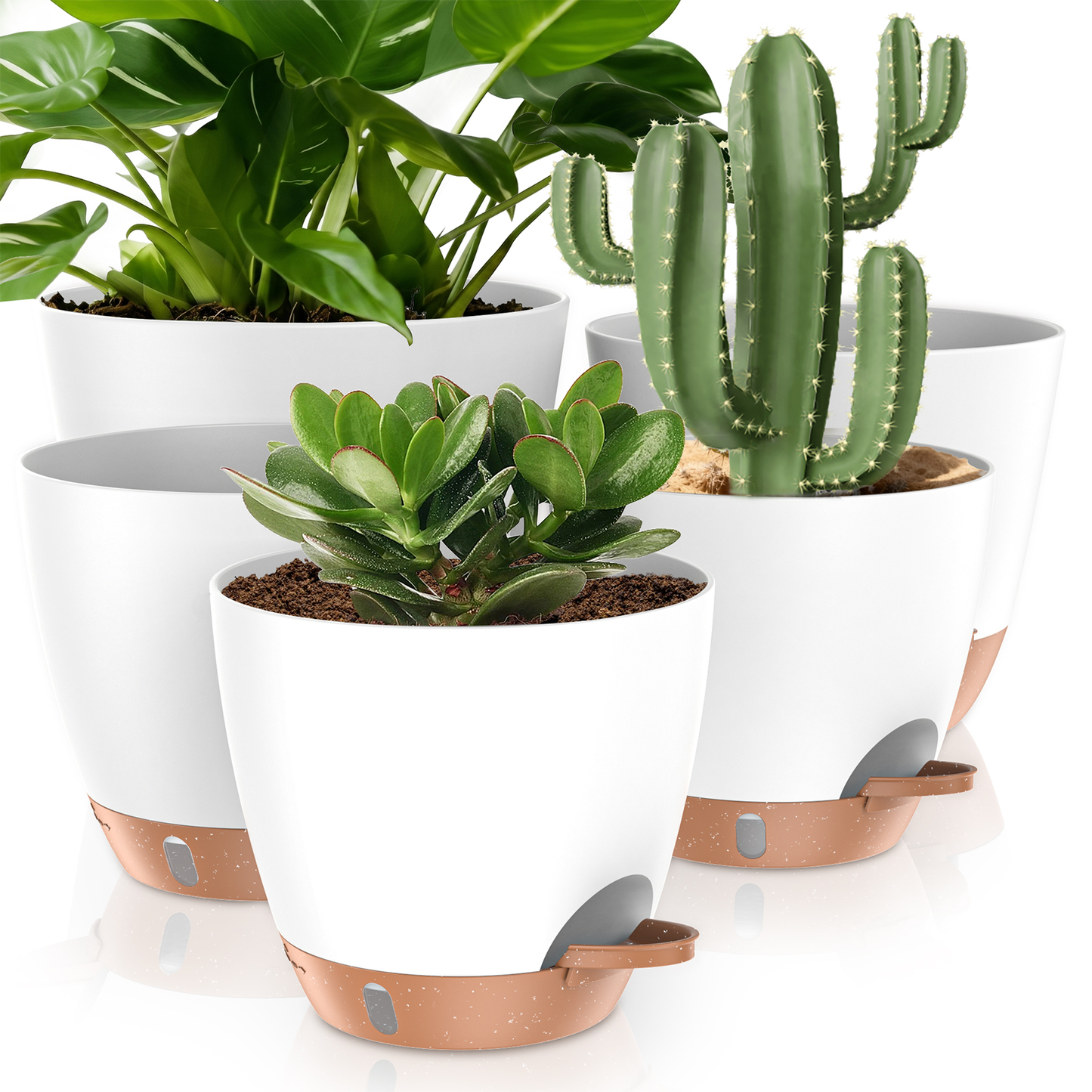 5 Pack Self Watering Plant Pots, 10/9/8/7.5/7 Inch Large Plastic Planters with Drainage Holes, Water Level Indicator & Deep Reservoir, Flower Pots for Indoor Outdoor Garden Plants(White)
