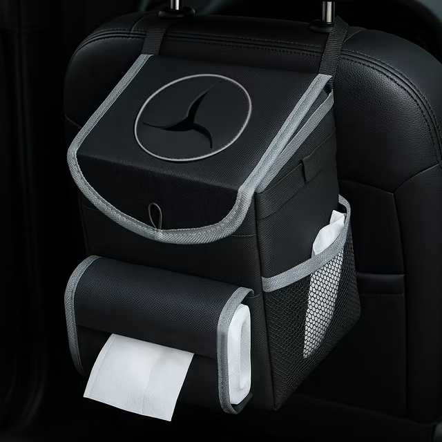 Car Trash Can with Lid, Cute Leakproof Car Trash Garbage Bag Hanging Vehicle Trash Bin Portable Organizer for Back/Front Seat/Console, Adjustable Tissue Holder & Straps, Black
