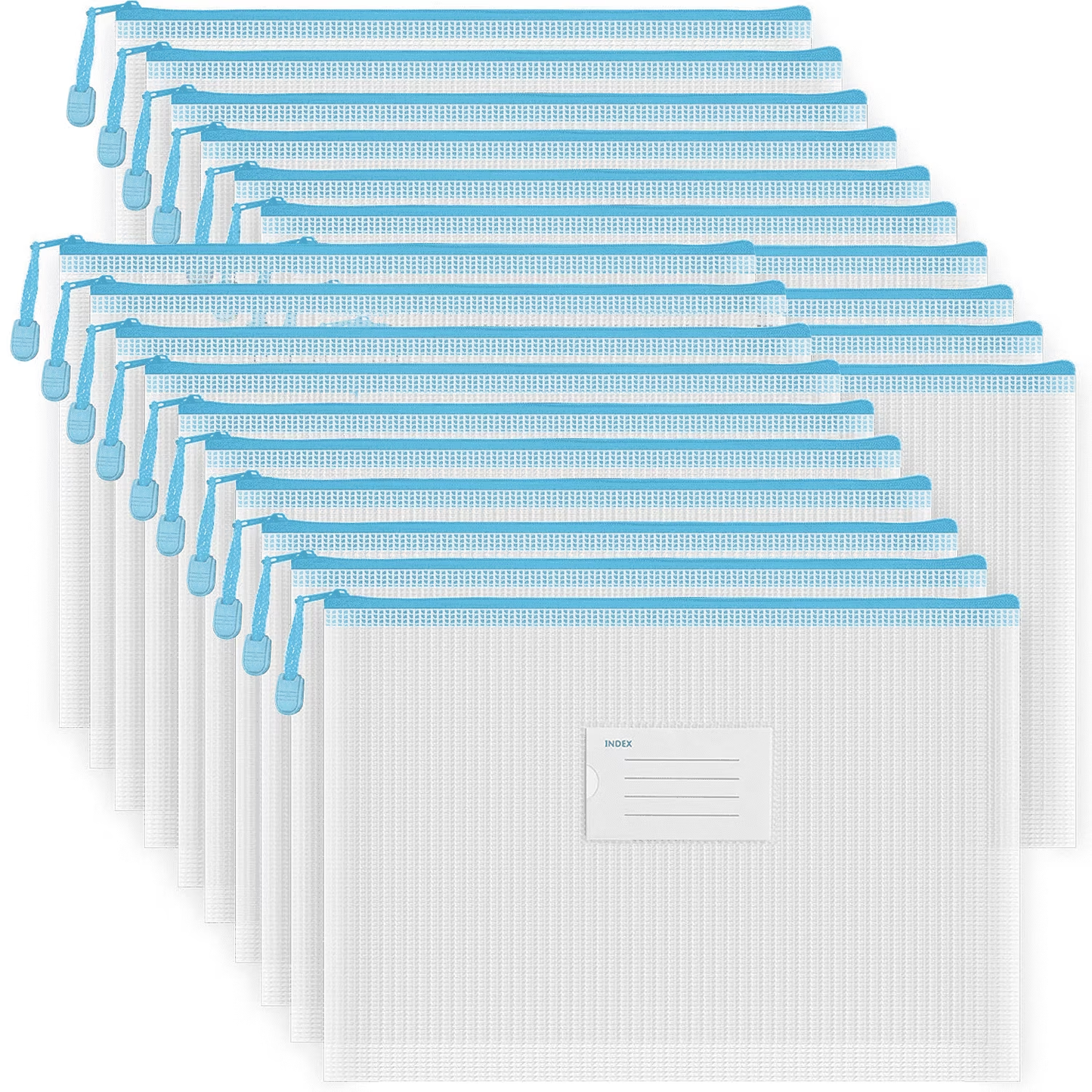 XUEYU 20 Pcs A4 Mesh Zipper Pouch Bags, Waterproof Letter Size Zipper Bags, Puzzle Bag with Label Pocket for School, Office Supplies, Cosmetics, Travel Storage and Home Organize