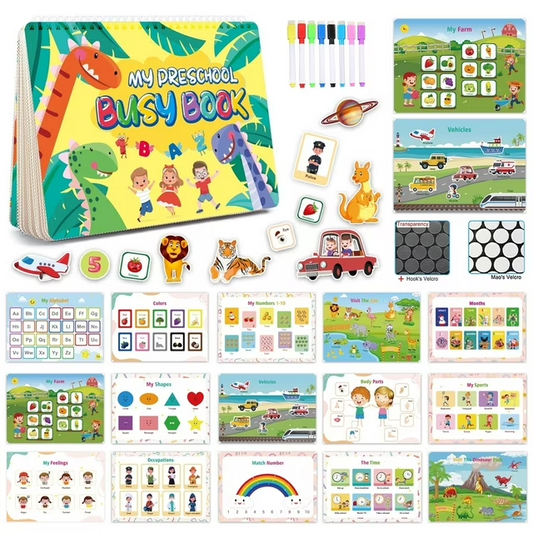 Educational Montessori Preschool Learning Activities Busy Book for Toddlers Ages 3 and Up Autism Sensory Toys for Boy Girl Gifts with 16 Themes, 8 Erasable Colored Pens