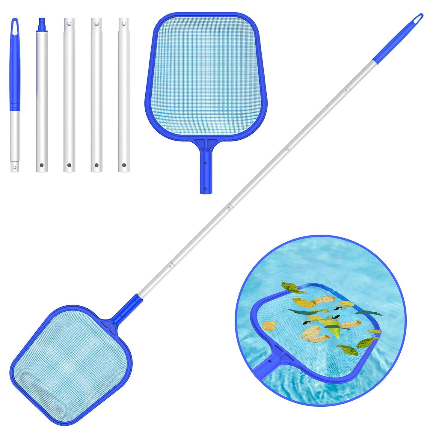 16.5" Pool Skimmer Net 5 Sections Total Length 65 inches Ultra Fine Mesh Pool Nets for Cleaning with Adjustable Pole