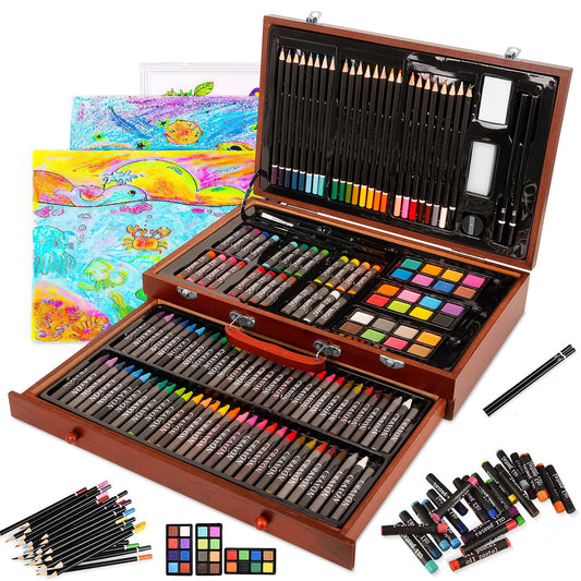 All in One 140 PCS Wooden Art Supplies Set with Drawer, Unleash Your Creativity with a Diverse Array of Premium Tools, Including Brushes, Crayons and Watercolors for Every Artistic Endeavor