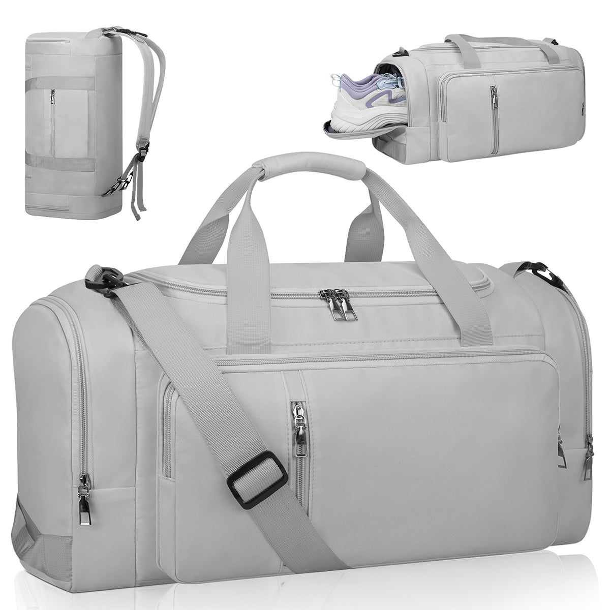 XUEYU 40L Gym Bag, Convertible Duffle Bag with Shoes Compartment and Wet Pocket, Gym Backpack Waterproof Sports Bags for Men with 2 Bottle Holders Multipurpose Weekender Overnight Bag -Gray