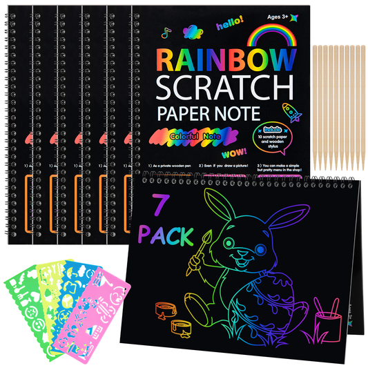 7 Pack Scratch Art Notebooks, Rainbow Scratch Art Paper Craft Kit with 10 Drawing Sticks and 4 Stencils, Kids Creative Art Set for Birthday Gifts, Party Favors, Classroom Projects & Screen Free Fun