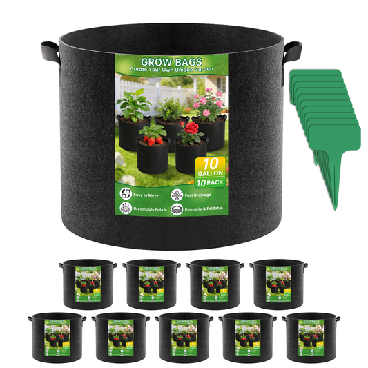 10-Pack 10 Gallon Grow Bags, Heavy Duty Nonwoven Plant Fabric Pots with Handles for Gardening, Thickened Growing Bags for Plants and Vegetables, Includes 10 Plant Labels