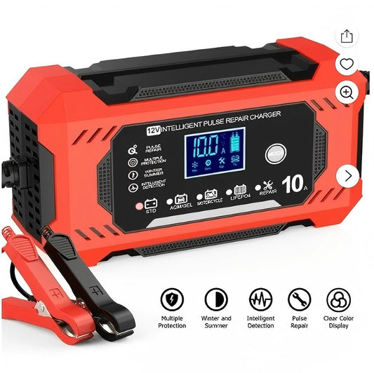 12V/10A Car Battery Charger, Battery Charger with Temperature Compensation Auto Stop, Multimodal Trickle Charger with Digital Display Screen, Touch Screen Battery Maintainer for Car Motorcycle