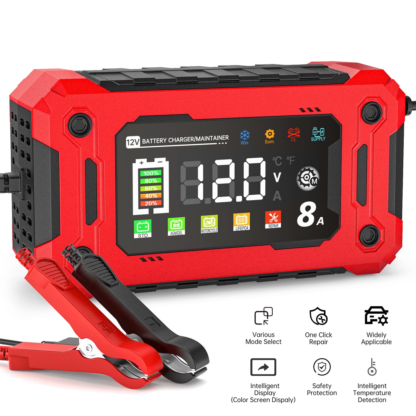 Smart Car Battery Charger, 12V/8A Battery Charger with Increase Color&Touch Screen Display, Temperature Compensation Auto Stop Trickle Charger, Battery Maintainer w/ Multi Modes for Car and Boats