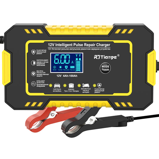 Automatic Battery Charger, 12V/6Amp Battery Maintainer, Smart Car Trickle Charger with Temperature Compensation Auto Stop for Car Truck Motorcycle Lawn Mower Boat Marine Lead Acid Batteries,Yellow