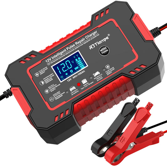 Car Battery Charger, 12V/6A Battery Trickle Charger Smart Automotive 12V Battery Maintainer Desulfator with Temperature Compensation for Car Truck Motorcycle Lawn Mower Marine Lead Acid Batteries,Red