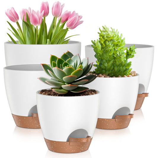 5 Pack Self Watering Plant Pots, Plastic Planters with Drainage Holes and Saucers, Flower Pots for Indoor Outdoor Garden Plants, 7/6.5/6/5.5/5 Inch（White）