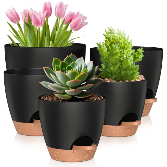 5 Pack Self Watering Plant Pots, Plastic Planters with Drainage Holes and Saucers, Flower Pots for Indoor Outdoor Garden Plants, 7/6.5/6/5.5/5 Inch（Black）