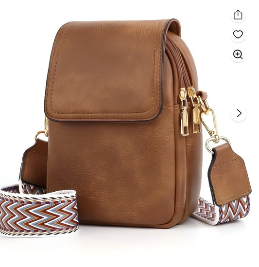 XUEYU Small Crossbody Bags for Women, Trendy Leather Phone Wallet Purses with Adjustable Guitar Strap & Double Compartment, Fashionable Shoulder Handbags with Back Zipper Pocket for Travel, Brown