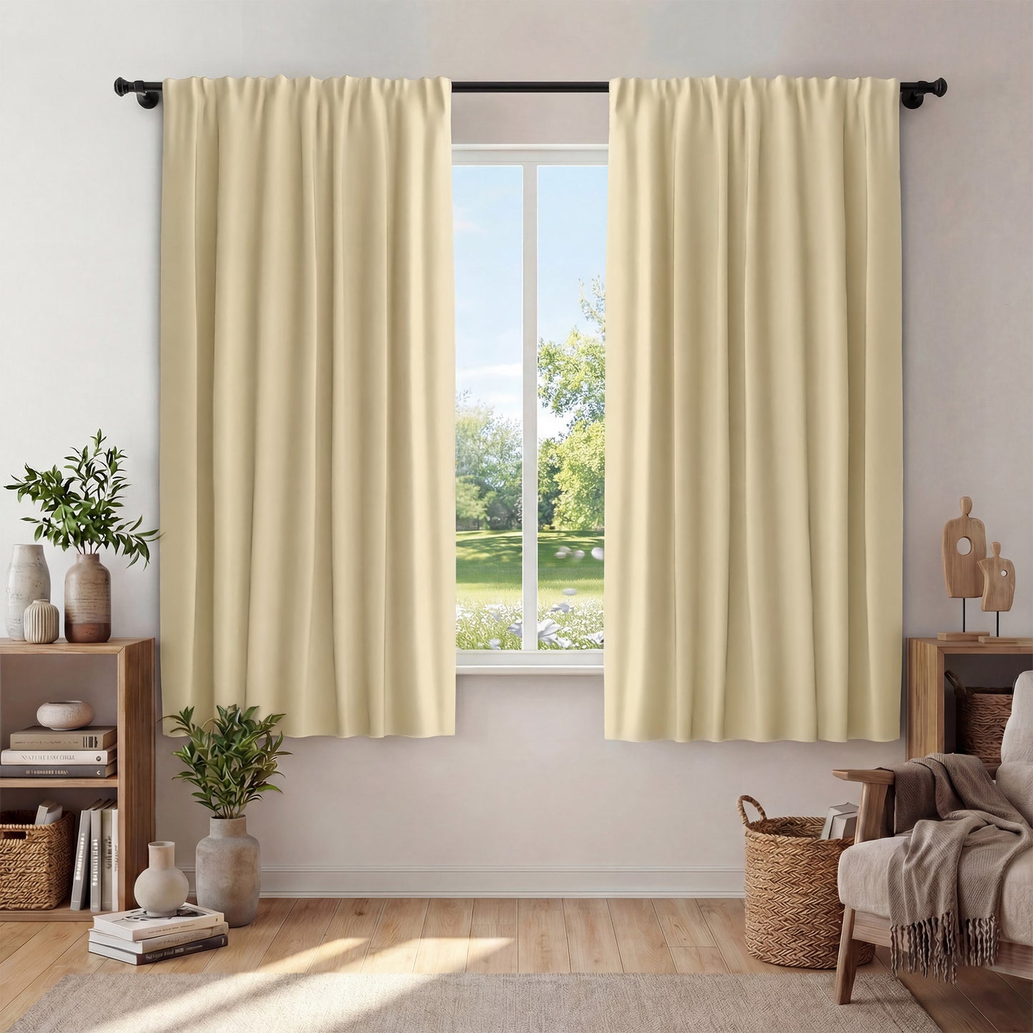 XUEYU Window Curtains Blackout, Back Tab Curtains 63 Inch, 100% Blackout Curtains Darkening Light Blocking Curtains for Living Room Bedroom Full Light Blocking Curtains 2 Panel Set,W42 x L63, Beige