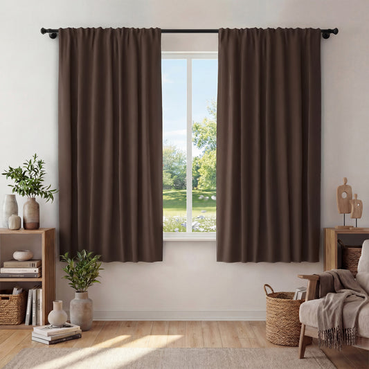 XUEYU Window Curtains Blackout, Back Tab Curtains 63 Inch, 100% Blackout Curtains Darkening Light Blocking Curtains for Living Room Bedroom Full Light Blocking Curtains 2 Panel Set,W42 x L63, Brown