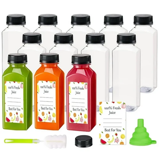 XUE02PJB002CL Xueyu Juice Bottles, 12Pcs 12OZ Plastic Juice Bottles with Caps Airtight Reusable Clear Empty Water Containers Includes Label Funnel Brush for Juicing Drinking Beverage Smoothies Fridge