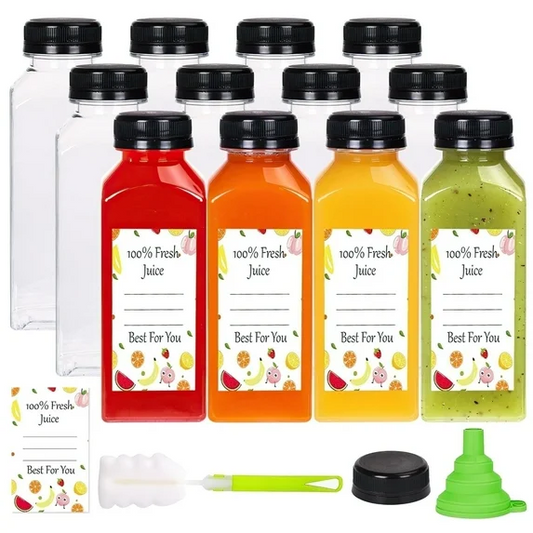 XUE01PJB001CL Xueyu Plastic Juice Bottles with Lids 12 OZ, 12 Pcs Juice Bottles Clear Empty Reusable Juice Bottle with Tamper Caps for Juicing Refillable Juice Bottles for Travel