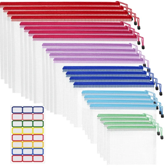 XUE02MZPB002MT Xueyu 24pcs Mesh Zipper Pouch 6 Colors, 6 Sizes Waterproof Zipper Bags for Board Games Storage, Organization Pouches for School Supplies, Office Appliances, Cosmetics, and Travel Accessories
