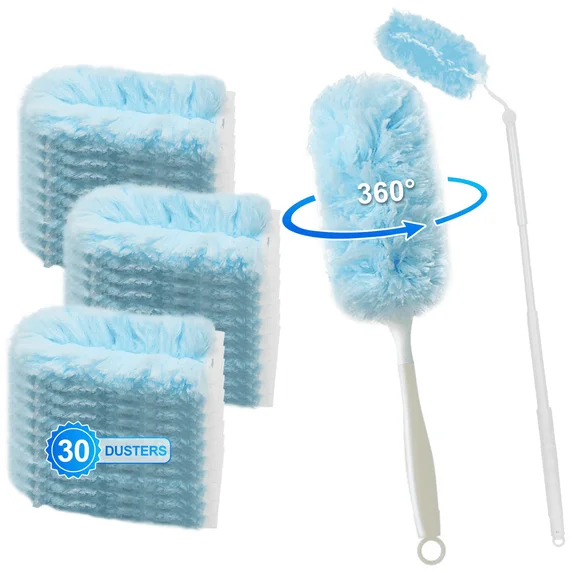 XUEYU000DR001BU Xueyu 360° Heavy Duty Duster Refills Compatible with Swiffer Duster, Disposable Dusters Kit for Cleaning Dusting Furniture, Blind, Ceiling Fan, Feather Duster (30) + 3 FT Extended Handle + 1 Handle