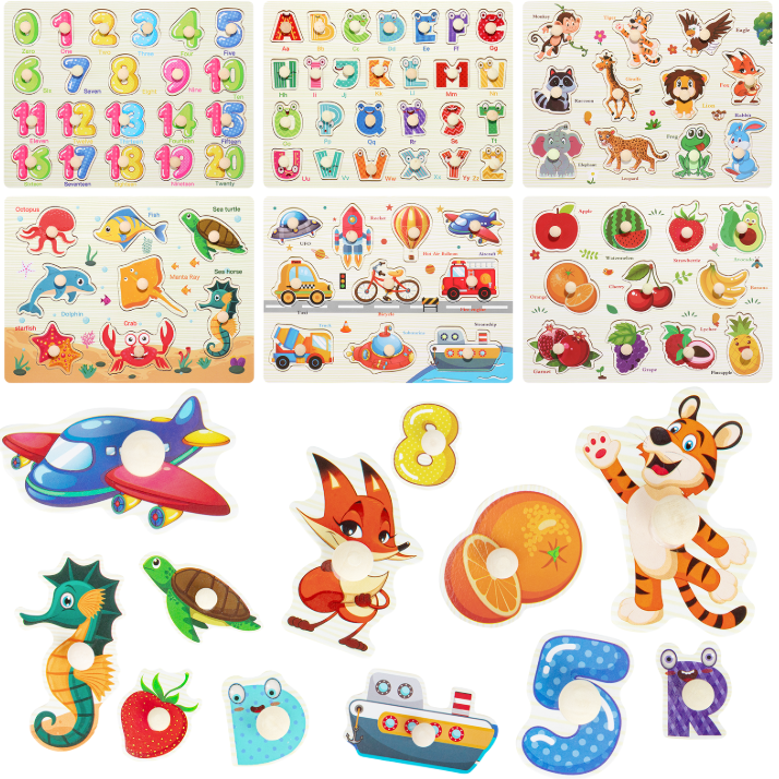 Xueyu Wooden Peg Puzzles for Toddlers, 6 pack Educational Peg Puzzles Montessori Toys with Alphabet Number Vehicle Animal Sea Animals Fruits, Ideal Gift for Girls and Boys