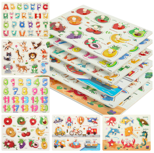 Xueyu Wooden Puzzles for Toddlers, 6 pack Toddler Peg Puzzles Set for 3-5 Year Old Boys Girls, Educational Learning Sensory Toy - Alphabet Number Animal Vehicle Fruits Sea Animals