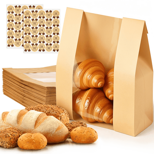 Xueyu 50 Pcs Paper Bread Bags for Homemade Bread, Sourdough Bread Bags with Window, Kraft Paper Bakery Bag for Baked Food Packaging Storage with 50 Pcs Stickers (13.8”x8.3”x3.5”)-Brown
