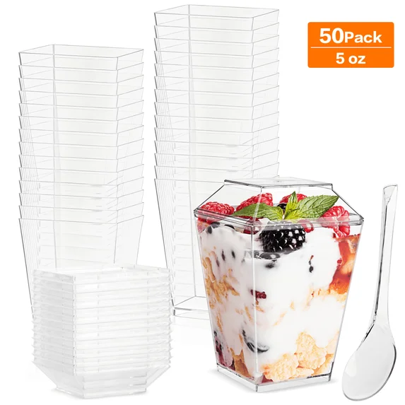 XUE000PDC001WH50p Xueyu 50 Pack 5 oz Plastic Dessert Cups with Lids and Spoons, Yogurt Parfait Cups, Appetizer Cup for Party, Dessert Shooter for Pudding, Fruit and Ice Cream