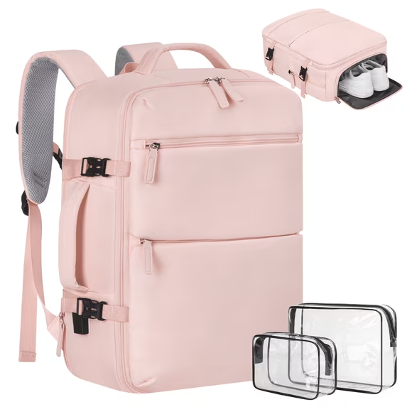 35L Travel Backpack for Women & Men, Carry On Backpack with USB Charging Port & Shoe Pouch, Expandable Flight Approved Backpack, Waterproof Travel Essentials for Weekender Business Hiking,Pink