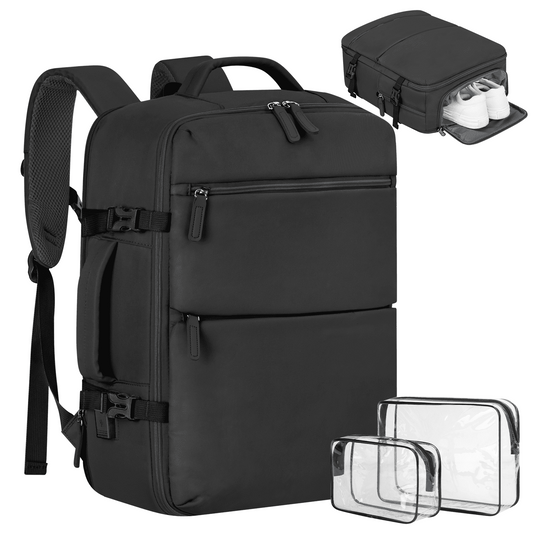 35L Travel Backpack for Women & Men, Carry On Backpack with USB Charging Port & Shoe Pouch, Expandable Flight Approved Backpack, Waterproof Travel Essentials for Weekender Business Hiking,Black