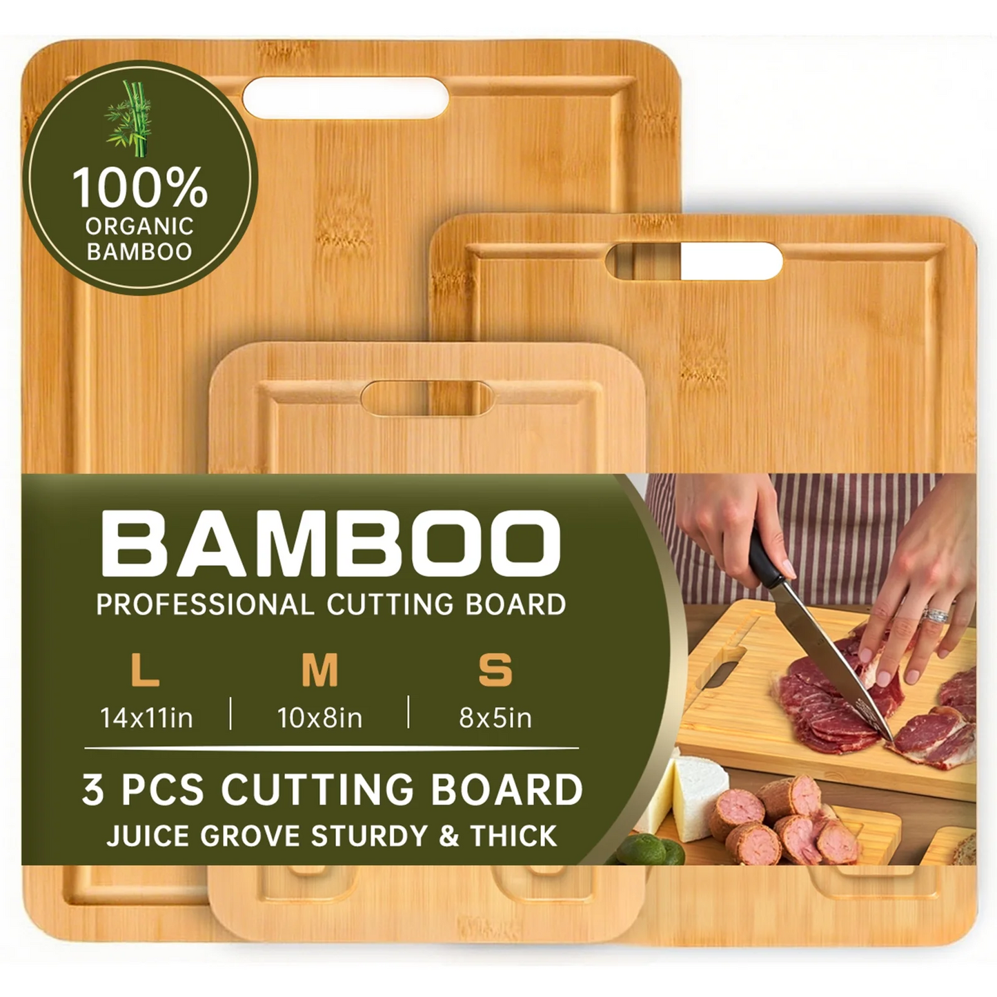 Cutting Boards for Kitchen - Bamboo Wood Cutting Board Set - Cutting Board with Juice Groove and Handles, Charcuterie & Chopping Butcher Block for Meatgift