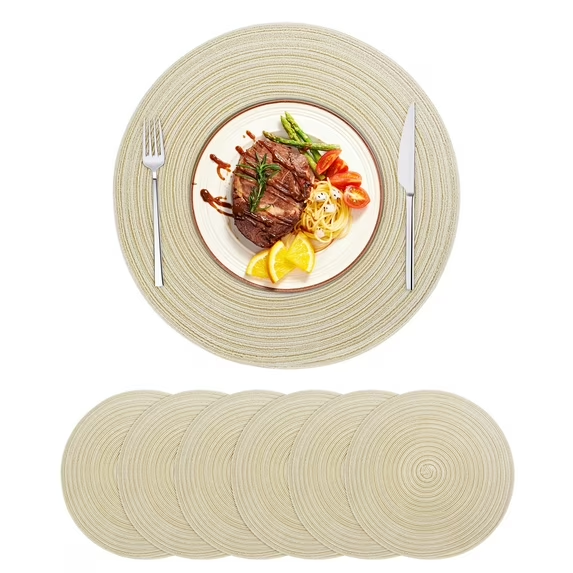 Xueyu 15" Round Braided Placemats Set of 6 - Non Slip Heat Resistant Table Mats for Dining, Washable & Wipeable Place Mats for Dinner Party, Kitchen Table Decor, Indoor/Outdoor Use (Beige)