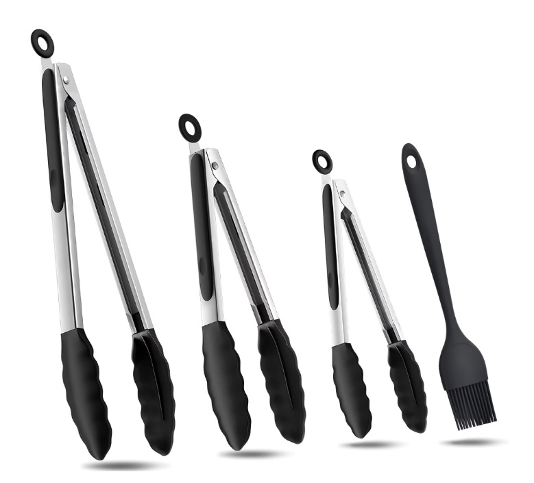 Tongs for Cooking - Heat-Resistant Stainless Steel Kitchen Tongs, Heavy Duty Metal Locking - Kitchen Utensils Set, Grilling Set of 4 (7 ", 9 "and 12"), with Oil Brush, Black