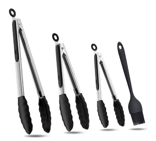 Tongs for Cooking - Heat-Resistant Stainless Steel Kitchen Tongs, Heavy Duty Metal Locking - Kitchen Utensils Set, Grilling Set of 4 (7 ", 9 "and 12"), with Oil Brush, Black