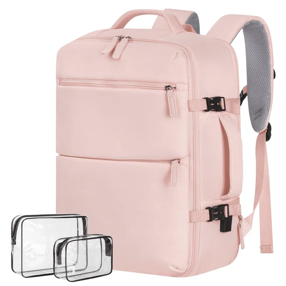 35L Travel Backpack, Carry on Luggage for Airplanes with 2 Packing Cubes, 15.6 inch Personal Item Travel Bag, Expandable Backpack with USB Charging Port & Shoe Pocket for Travel, Work,Pink