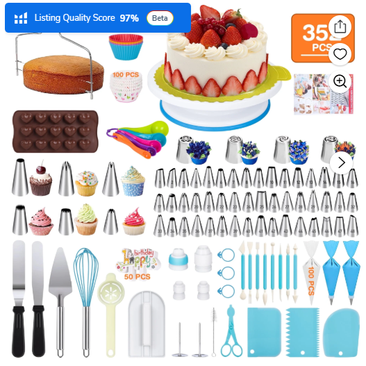 XUEYU 352 Pcs Cake Decorating Kit, Cake Baking Supplies with 48 Round Piping Tips,6 Korean Tips 4 Russian Tips, Baking Set with Non-slip Turntable, Baking Supplies Tools for Beginners,Plastic