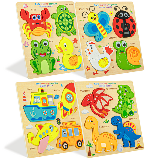 XUE000WP002EN4pcs Xueyu Wooden Montessori Puzzles for Toddlers Kids, Animal Vehicle Dinosaurs Insects Jigsaw Puzzles, Ages 2-5, Educational Preschool Gift, 4 Pack, 16 Puzzle Pieces, Kids Gift