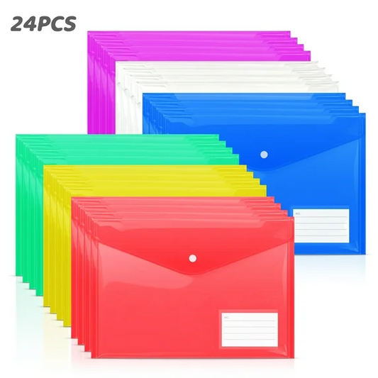 XUE000PE001MT Xueyu 24 Pack Plastic Envelopes, Plastic Folders for Documents with Label Pocket and Snap Button, A4/Letter Size, 6 Colors, School, Office Storage