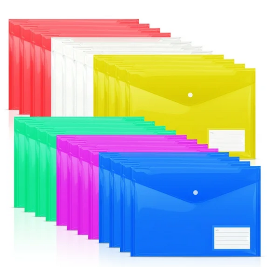 XUE000PE002MT Xueyu 24pcs Plastic Envelopes with Label Pockets, Clear Document Folders with Snap Closure, 6 Colors, A4 Size, Letter Size, for School Office Home Organizer Supplies