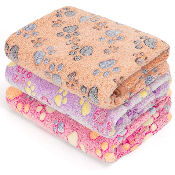 XUE000DB002M 3Pcs Dog Blanket Washable, Super Soft Fluffy Premium Pet Blanket, Cute Paw Print Pet, Throw for Cat Dog Puppy, Gifts Puppy Essentials (20x30'', Brown/Pink/Purple)