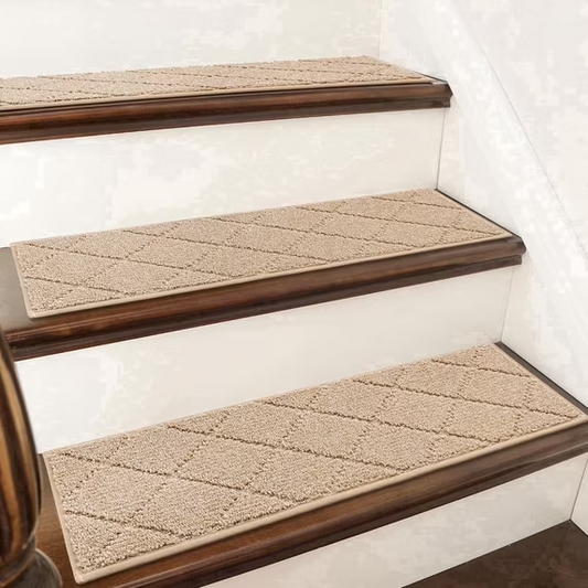 4 Pack Edging Stair Treads Non-Slip, 30'' x 8'' Stair Mat for Wooden Steps Indoor, Four-layer Reinforced Stair Rugs for Kids Elders and Dog, Polyester Washable Stair Runners with TPR Backing,Beige