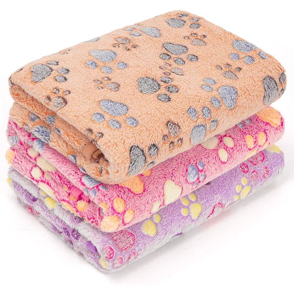 XUE000DB001L 1 Pack 3 Blankets for Dogs, Fluffy Premium Flannel Pet Blanket for Dog Puppy Cat, Paw Print, Soft Warm Sleep, Washable (Large 30x40'', Pink, Brown, Purple)