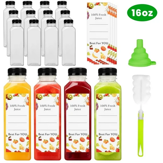 XUE000PJB002CL16OZ Xueyu 16oz 12 Pack Plastic Juice Bottles with Caps, Brush, Funnel and Labels, Reusable Juicing Bottles for Smoothie, Drinking and Other Beverages