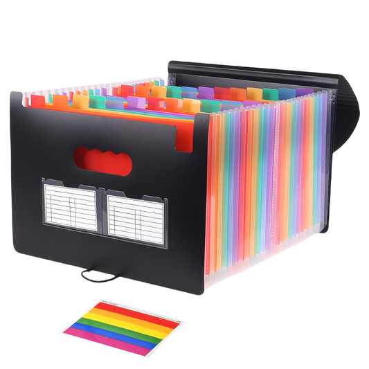 XUE000EFF001MU1PCS Accordion File Organizer, 25 Pockets Expanding File Folder, Portable Monthly Paper Bill Tax Receipt Organizer, Letter A4 Size Document Holder with Blank Labels, Black