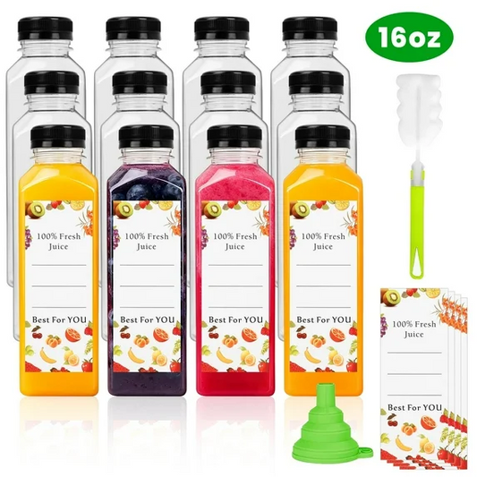 XUE000PJB001CL16OZ Xueyu 12pcs 16oz Plastic Juice Bottles, Reusable and Take Out Juice Containers with Caps and Labels, Leak proof, Clear Juice Containers with Juicing, Smoothie and Other Beverages