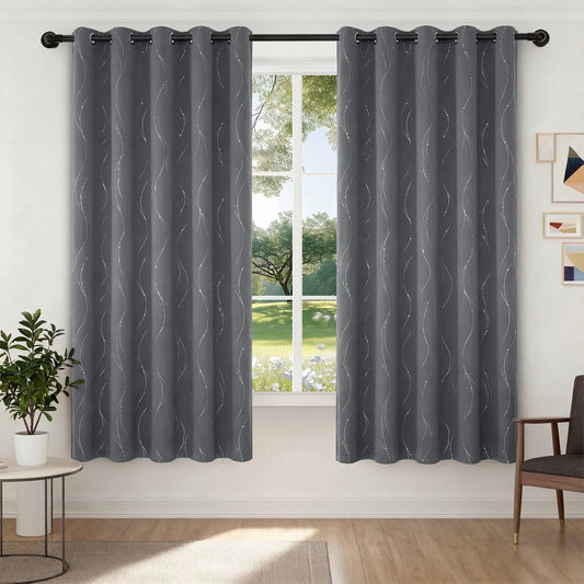 XUEYU 100% Blackout Curtains for Bedroom, Light Blocking Thermal Insulated Curtains with Noise Reduction, 52x72 Inch Room Darkening Window Drapes, Set of 2 Panels, Print Gray