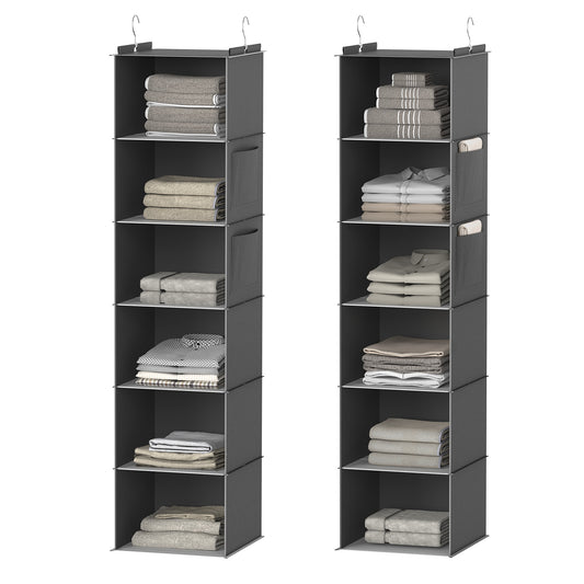 XUEYU Hanging Closet Organizer, 2 Pack Closet Hanging Storage Shelves with Bamboo Inserts, 6-Shelf Sturdy Hook Closet Organizers and Storage W/ 2 Side Pockets,Foldable Closet Storage for Bedroom,Gray