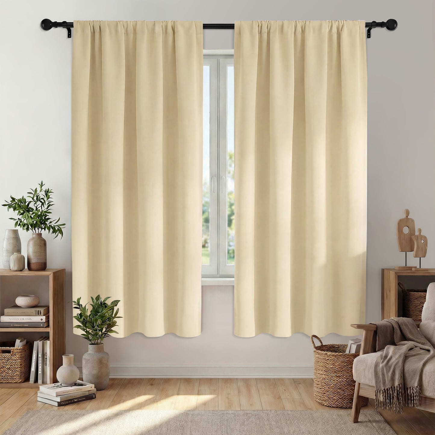 XUEYU Window Curtains Blackout, Back Tab Curtains 72 Inch, 100% Blackout Curtains Darkening Light Blocking Curtains for Living Room Bedroom Full Light Blocking Curtains 2 Panel Set,W52 x L72, Beige